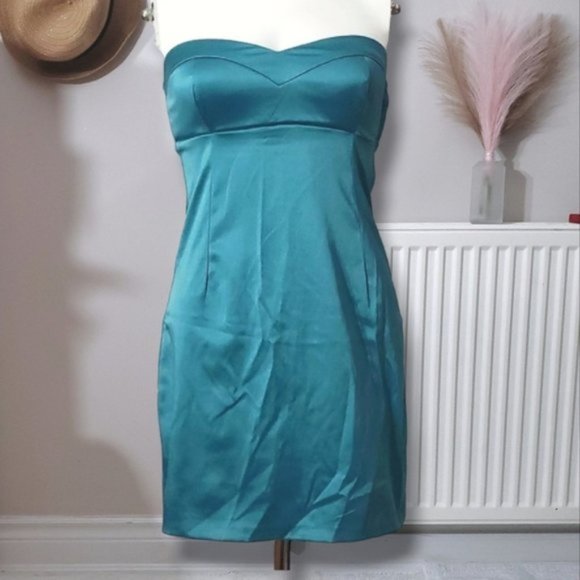 Vintage Y2K Satin Cotton Blend Strapless Sweetheart Bodycon Dress - Picture 1 of 8